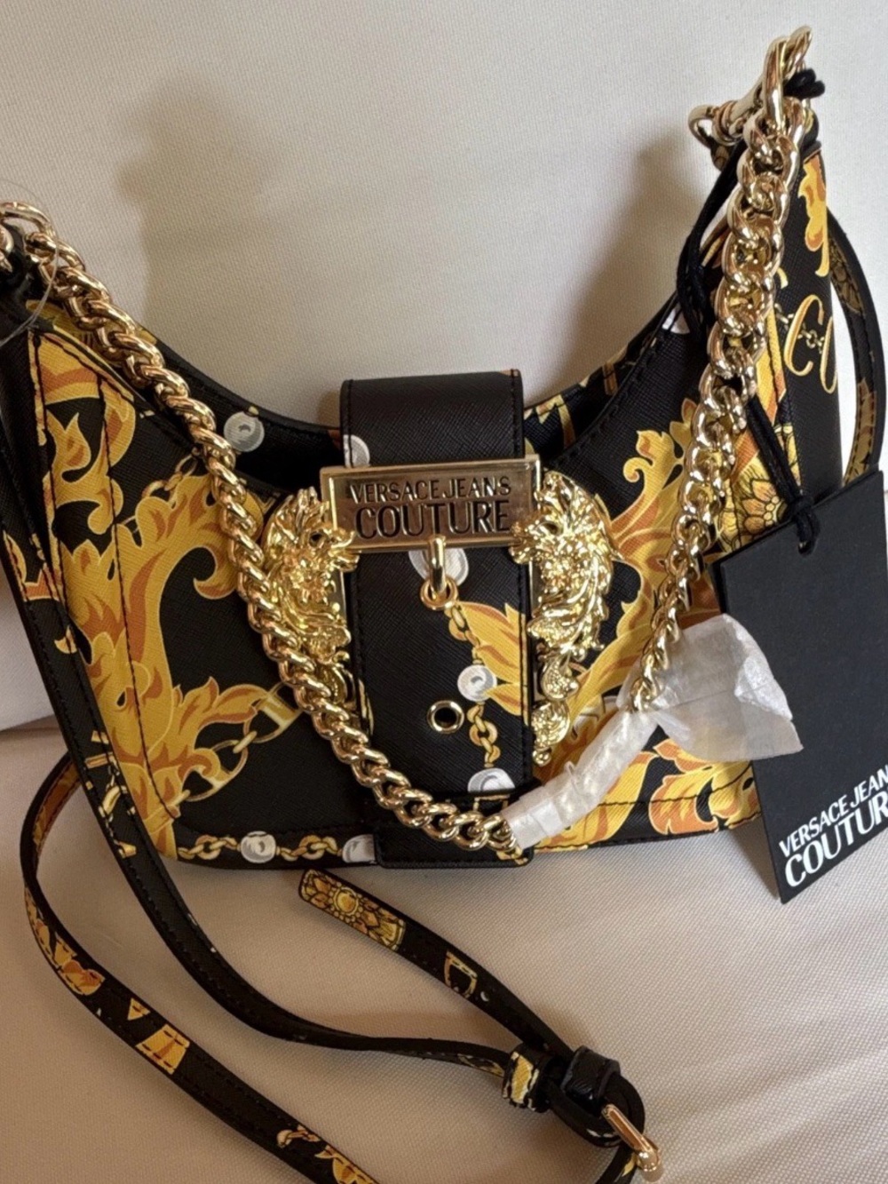 Versace Jeans Collection Black and Gold Baroque Chain Shoulder Bag